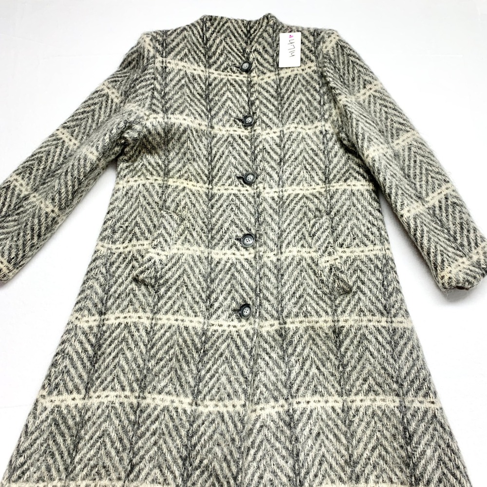 Paul Levy Vintage Mohair Wool‎ Coat Womens Size M Grey Herringbone Long Jacket L